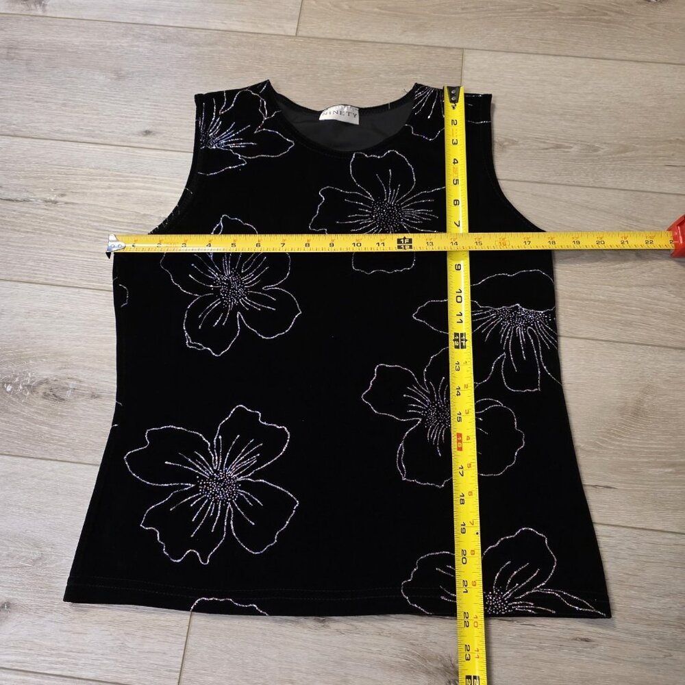 Womens Ninety Black Velvet Sleeveless Sparkly Floral Tank Cami Top Sz Sm READ - Picture 3 of 7